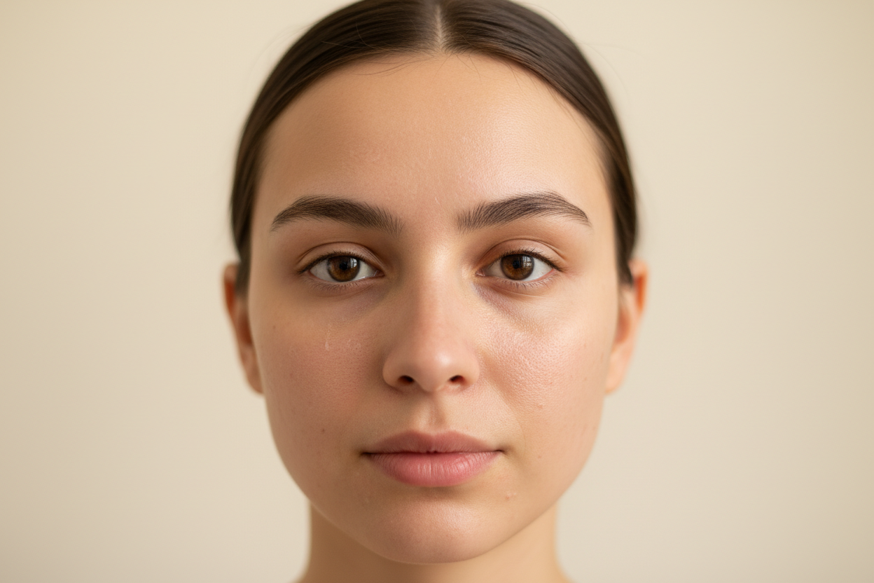 A close-up portrait of a young woman with natural skin texture, slight dryness and uneven tone, neutral background, soft lighting, realistic and unretouched appearance. Skincare before photo.