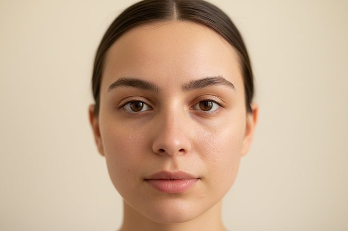 A close-up portrait of a young woman with natural skin texture, slight dryness and uneven tone, neutral background, soft lighting, realistic and unretouched appearance. Skincare before photo.