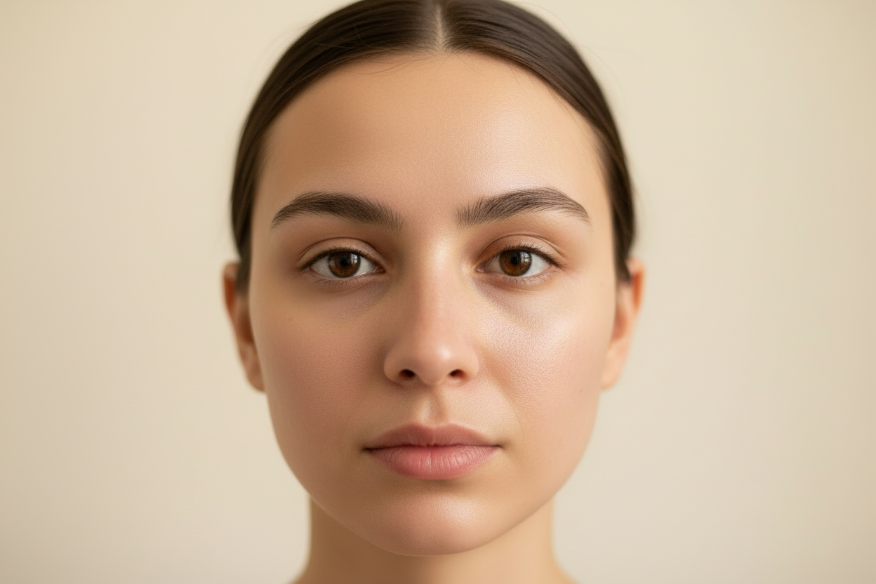 A close-up portrait of the same young woman with visibly more radiant, hydrated, smooth, and glowing skin after using face oil, warm lighting, natural glow, realistic and unretouched. Skincare after photo.