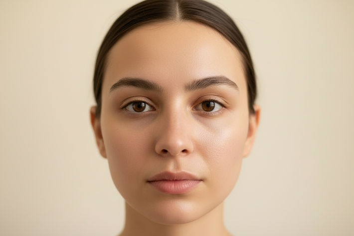 A close-up portrait of the same young woman with visibly more radiant, hydrated, smooth, and glowing skin after using face oil, warm lighting, natural glow, realistic and unretouched. Skincare after photo.