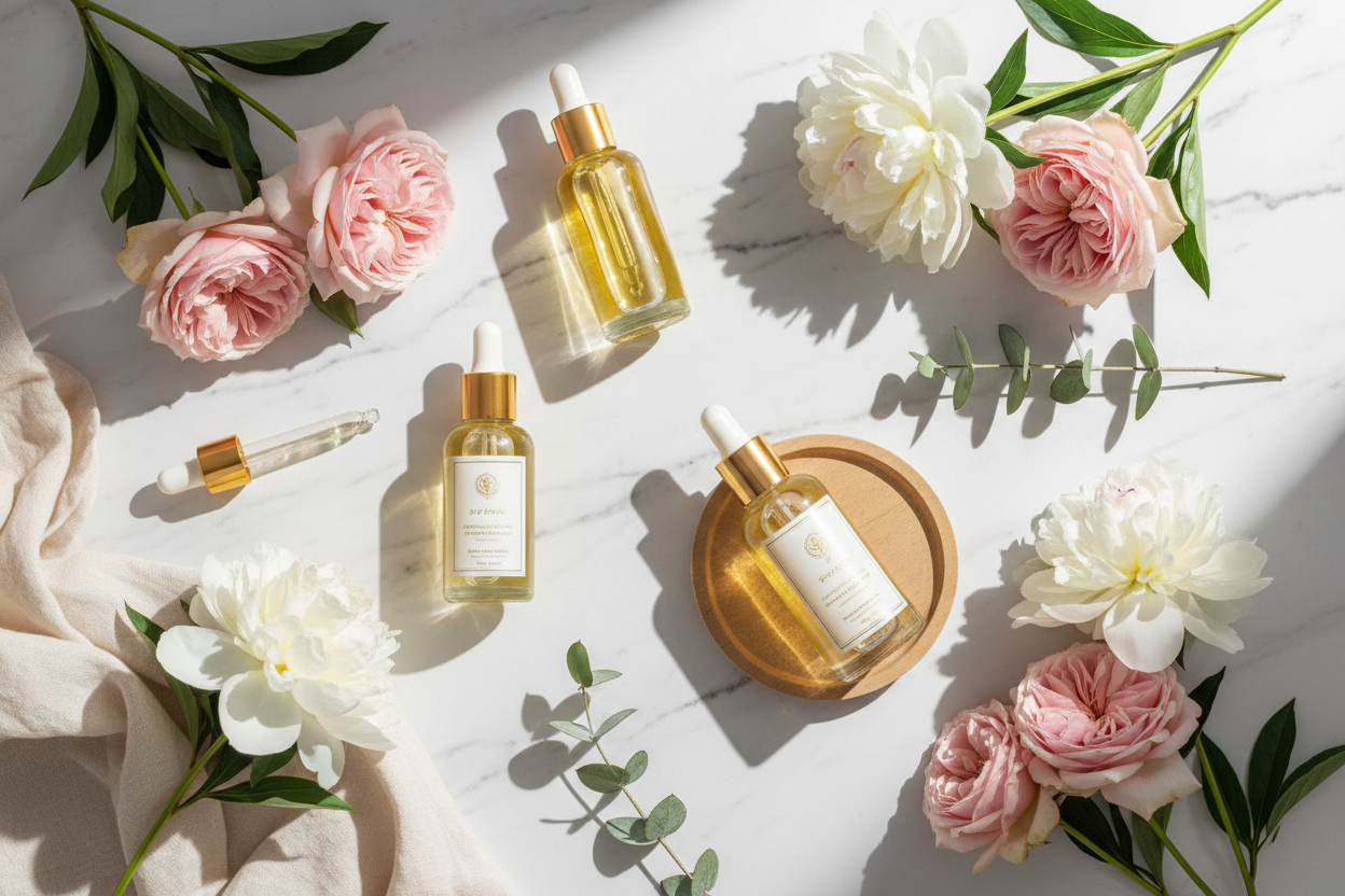 A luxurious flat-lay of skincare oils with fresh flowers, soft lighting, and natural textures, emphasizing purity and elegance, suitable for a hero banner.