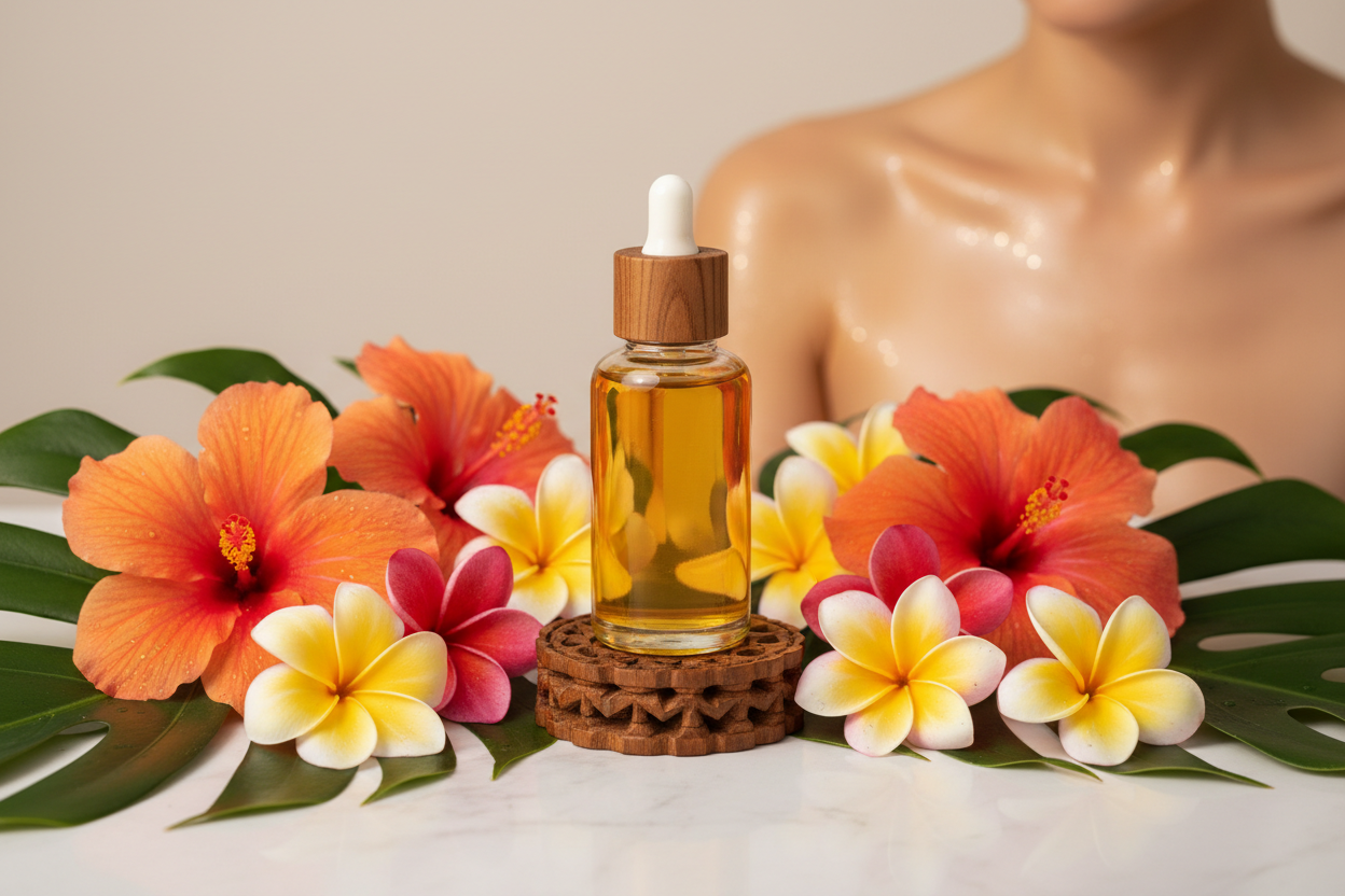 Amber body oil bottle with wooden accents and tropical flowers, glowing skin in background, luxurious and natural vibe