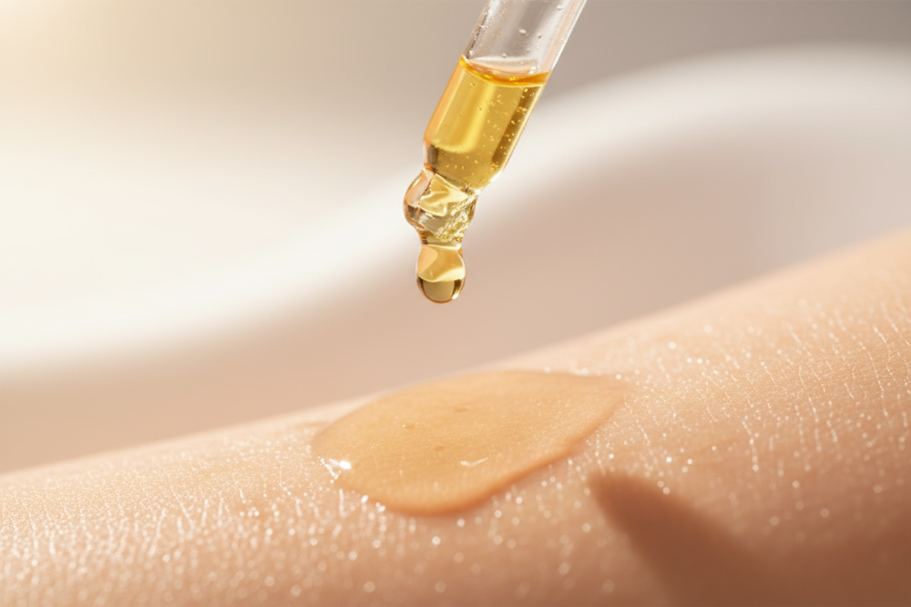 High-quality close-up of a drop of oil falling from a glass dropper onto smooth skin, natural textures, soft sunlight glow, premium skincare banner.