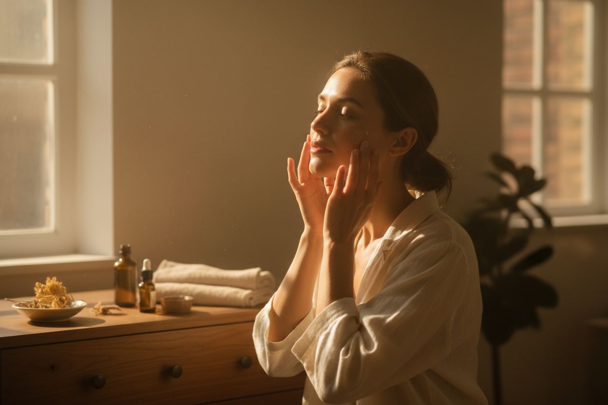Lifestyle video still of a woman applying face oil, golden hour sunlight, glowing skin, natural and inviting atmosphere.