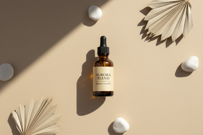 Minimalistic flat-lay of a glass face oil bottle on a clean beige background with soft shadows and natural sunlight.