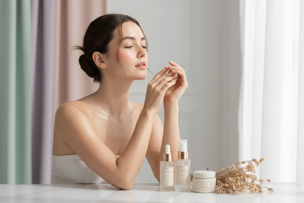 Model with glowing natural skin, fresh clean aesthetic, soft sunlight, posing beside minimalist skincare products, white and pastel background, luxury wellness vibe